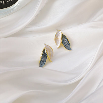 Enamel and 18K Gold-Plated Leaves Stud Earrings, gold stud earrings for women, everyday style, detail close-up