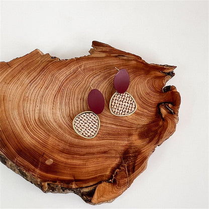 Brown Polystyrene and 18K Gold-Plated Woven Tiered Oval Drop Earrings, gold drop earrings for women, styled look
