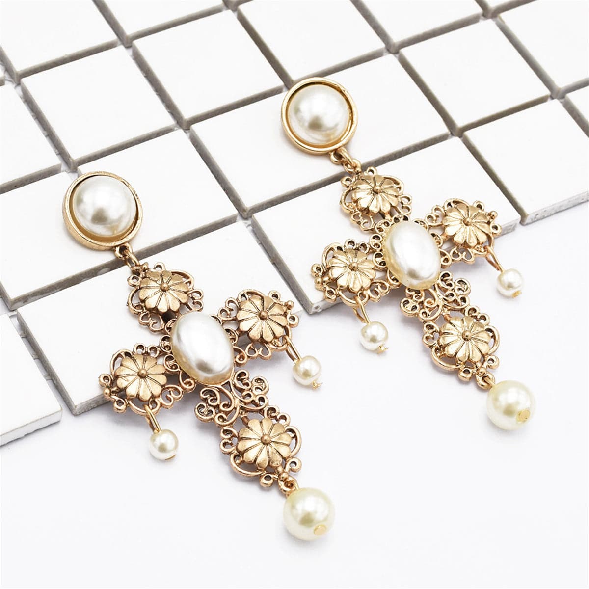 Pearl & 18K Gold-Plated Floral Cross Drop Earrings