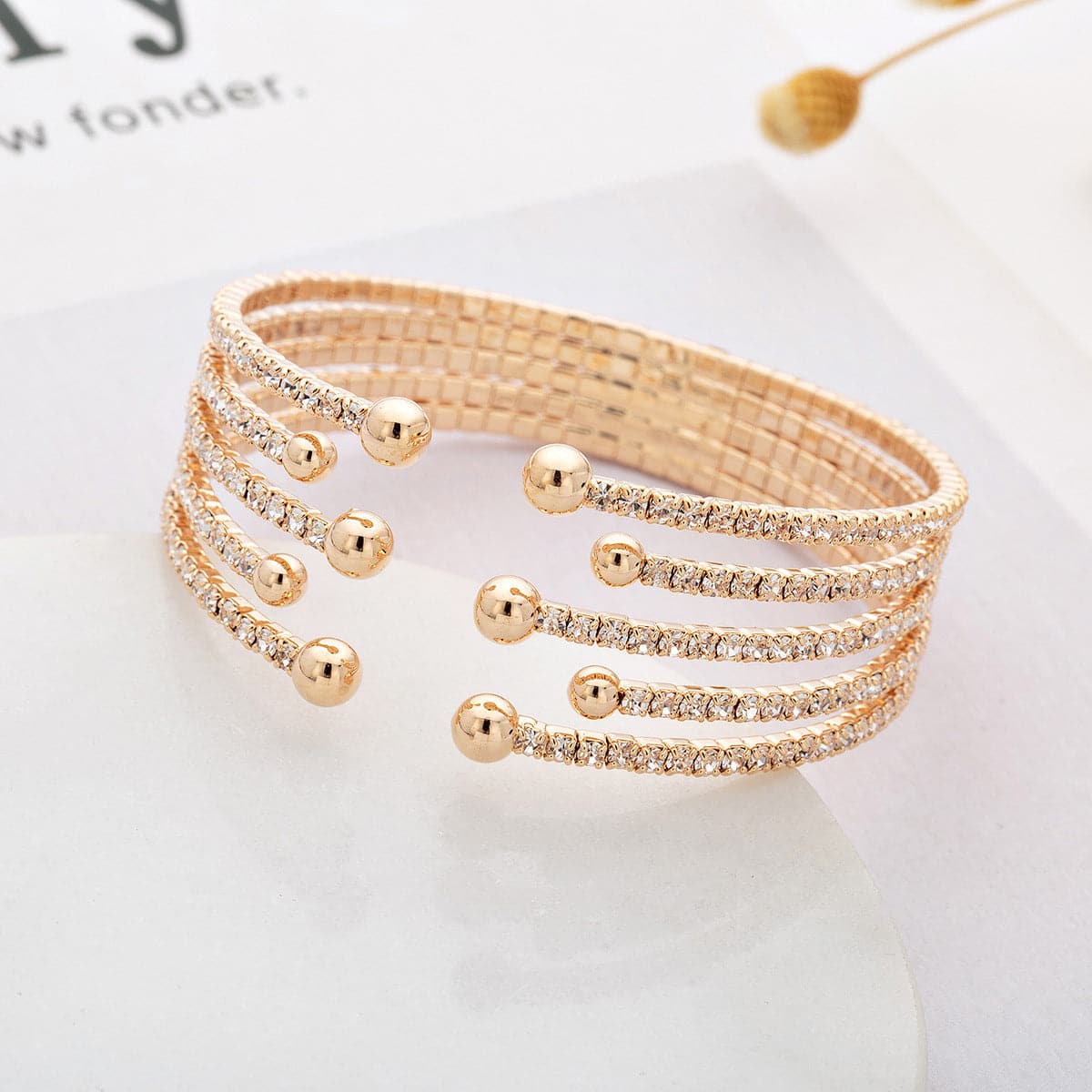 Cubic Zirconia and 18K Gold-Plated Bead End Cuff, gold bracelet for women, dainty minimalist design, front view