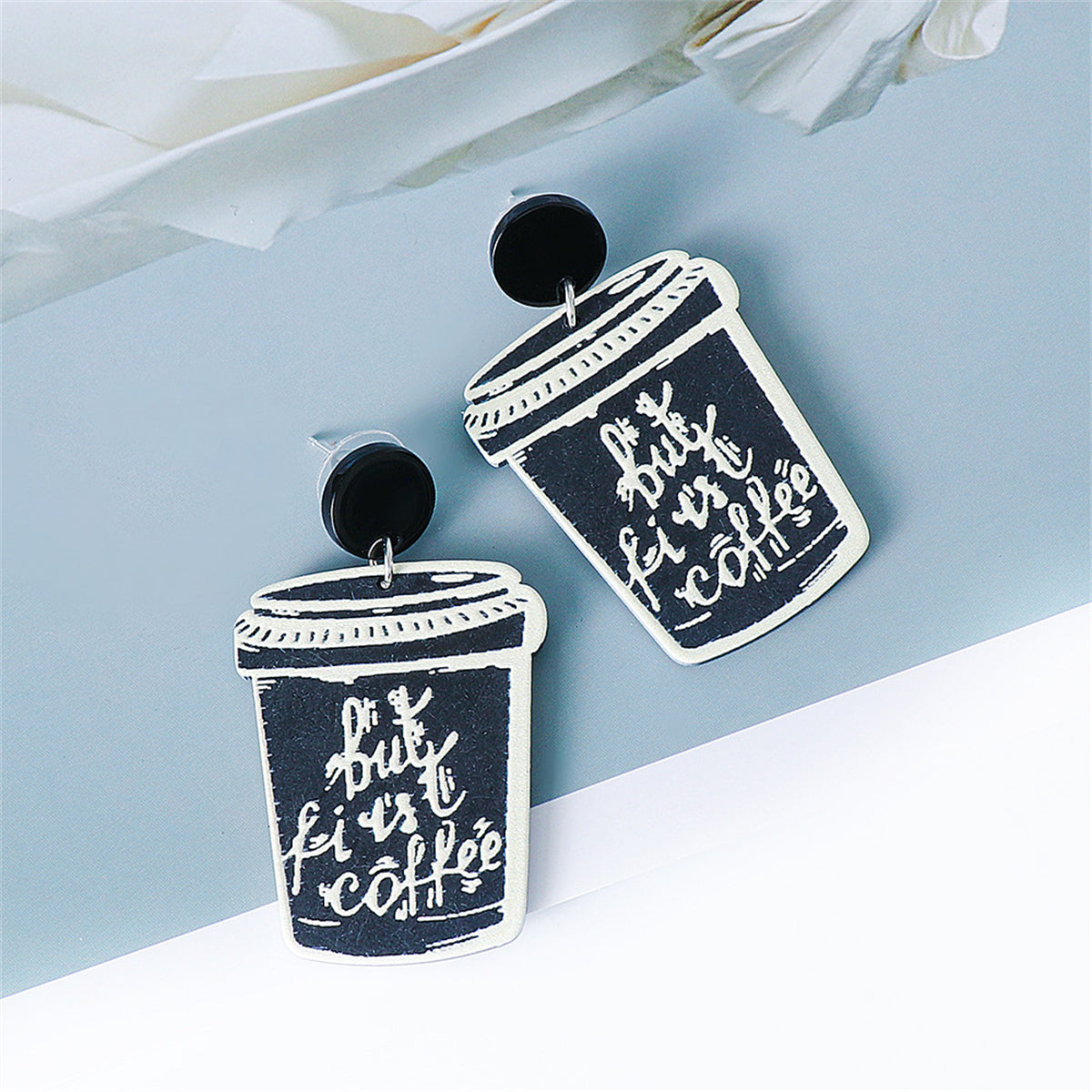 Black & Silver-Plated 'But First Coffee' Drop Earrings