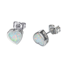 White Opal Bezel-Set Heart Stud Earrings
