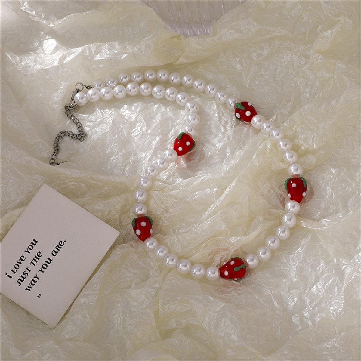 Pearl and Resin Silver-Plated Strawberry Station Necklace, silver pendant necklace for women, side view