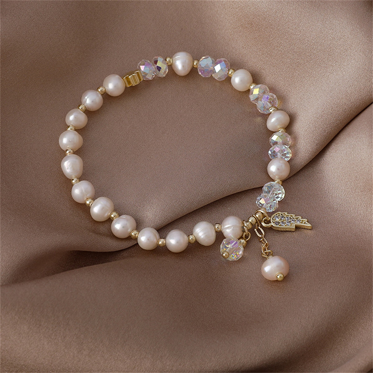 Pearl & Cubic Zirconia 18K Gold-Plated Wing Charm Stretch Bracelet