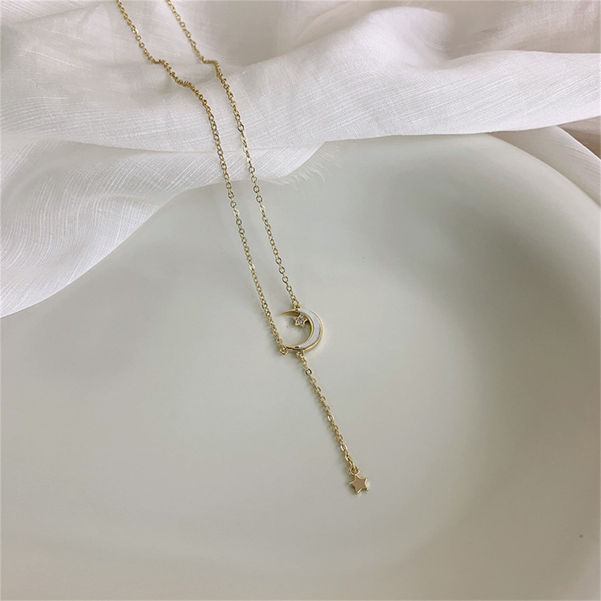 White Enamel & 18K Gold-Plated Moon Star Pendant Necklace