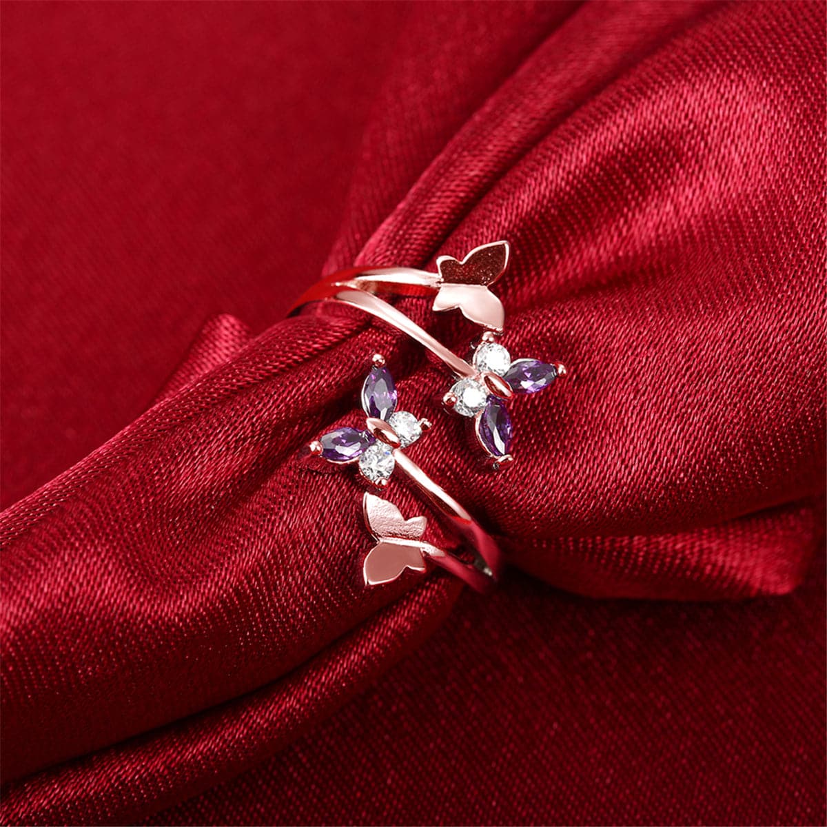 Purple Crystal & 18k Rose Gold-Plated Butterfly Ring - streetregion