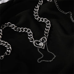 Cubic Zirconia & Silver-Plated Heart Curb Chain Necklace