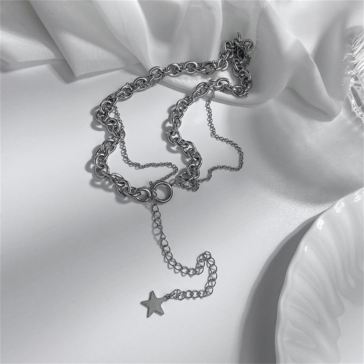 Silver-Plated Star Layered Lariat Necklace, silver pendant necklace for women, vintage-inspired design, side view