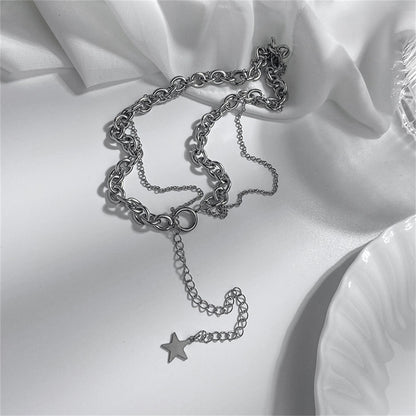 Silver-Plated Star Layered Lariat Necklace, silver pendant necklace for women, vintage-inspired design, side view
