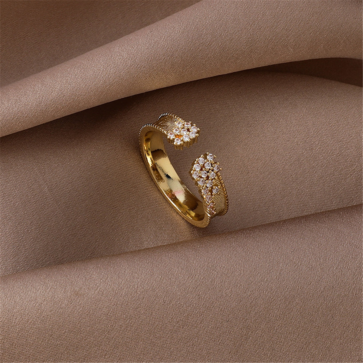 Cubic Zirconia and 18K Gold-Plated Milgrain Cluster Bypass Ring, gold statement rings for women, side view
