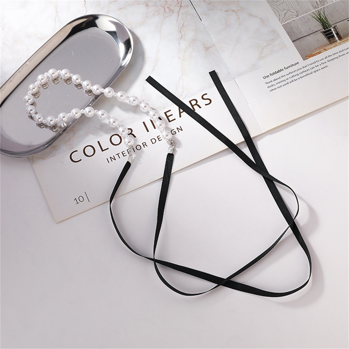 Pearl & Black Polyster Bow Choker Necklace