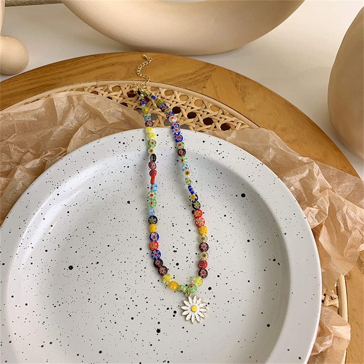 White Enamel and Multicolor Acrylic 18K Gold-Plated Daisy Pendant Beaded Necklace, gold pendant necklace for..., styled look