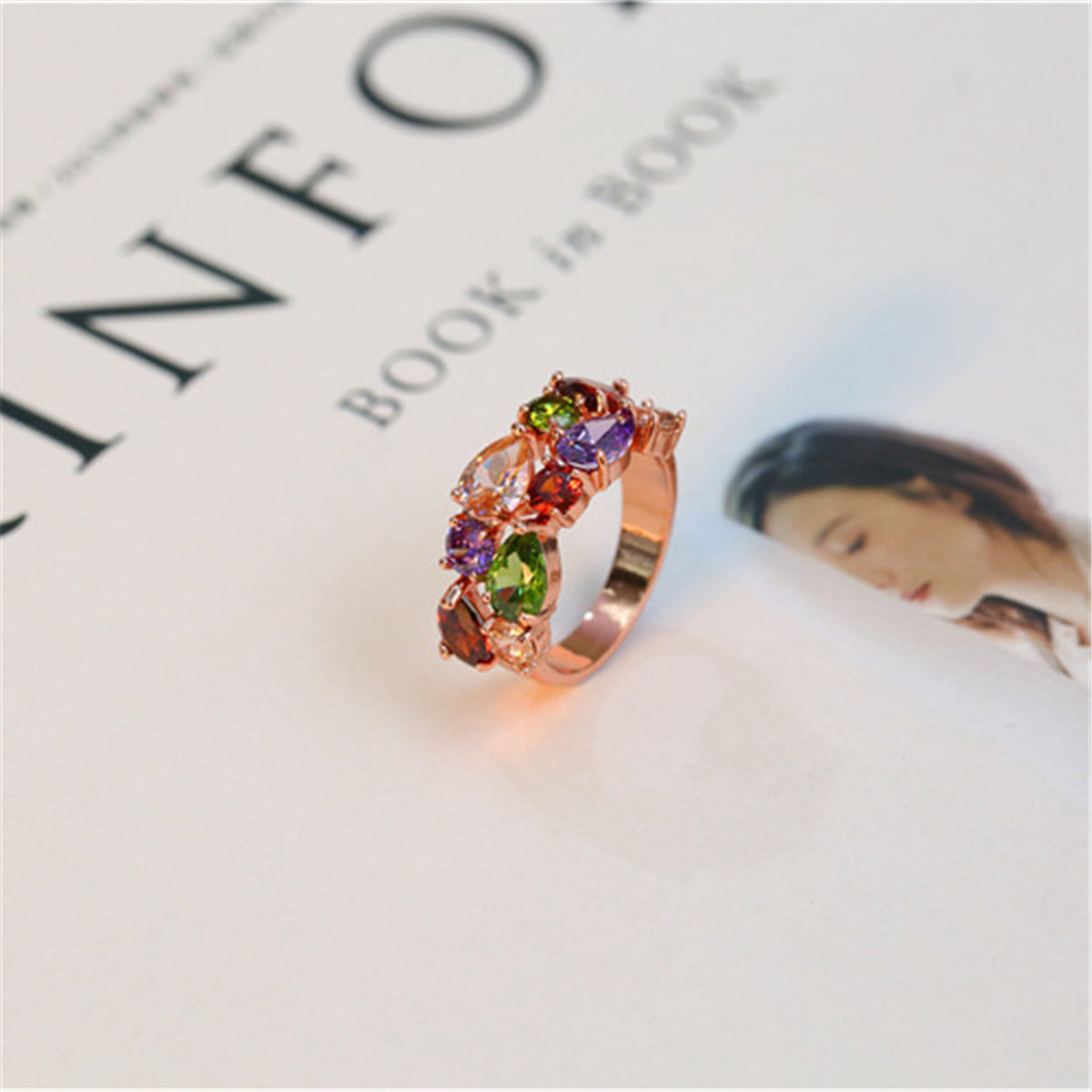 Crystal & 18K Rose Gold-Plated Pear-Cut Cluster Ring