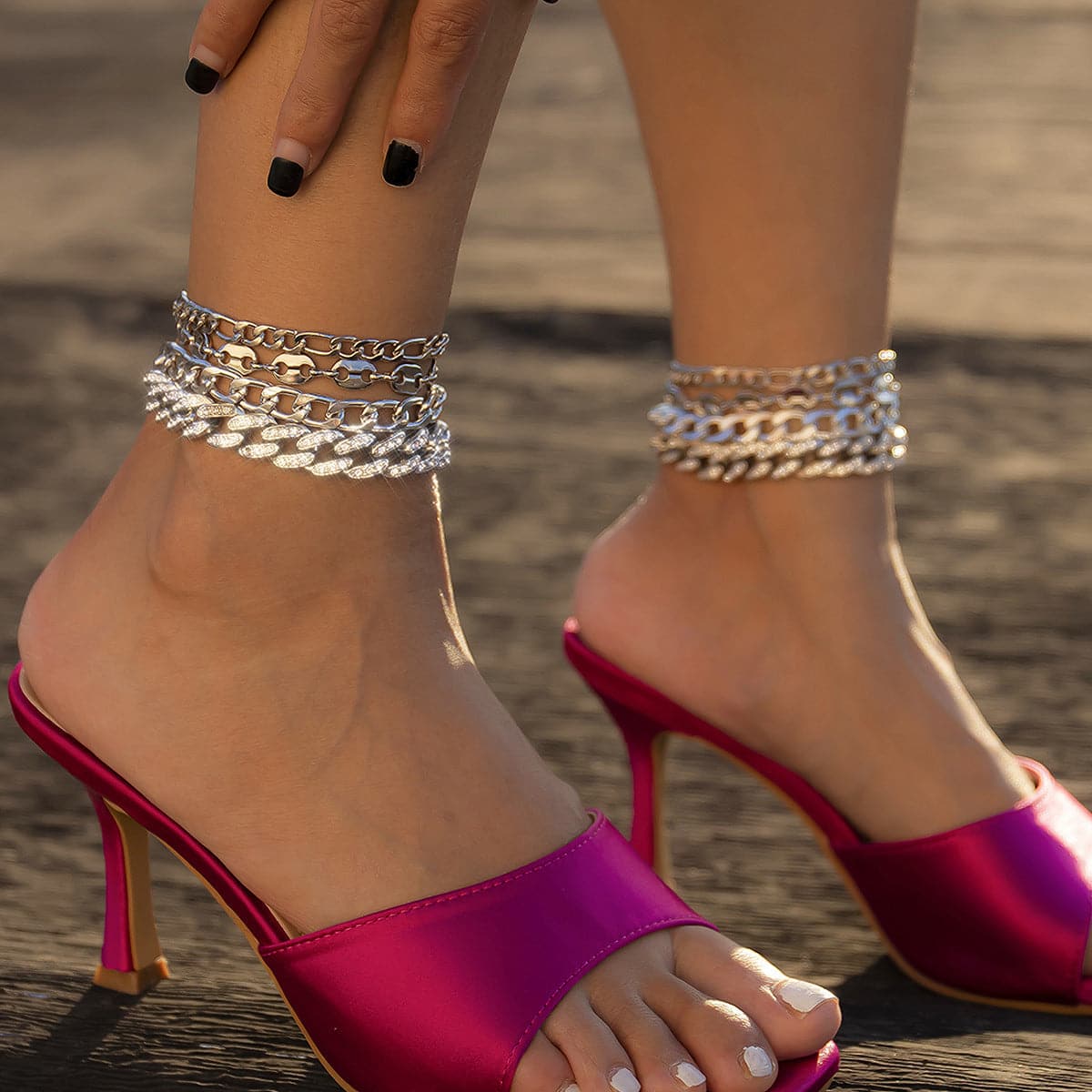 Cubic Zirconia & Silver-Plated Mariner Chain Anklet Set