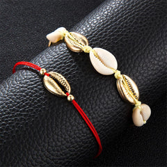 Red & 18K Gold-Plated Seashell Anklet Set