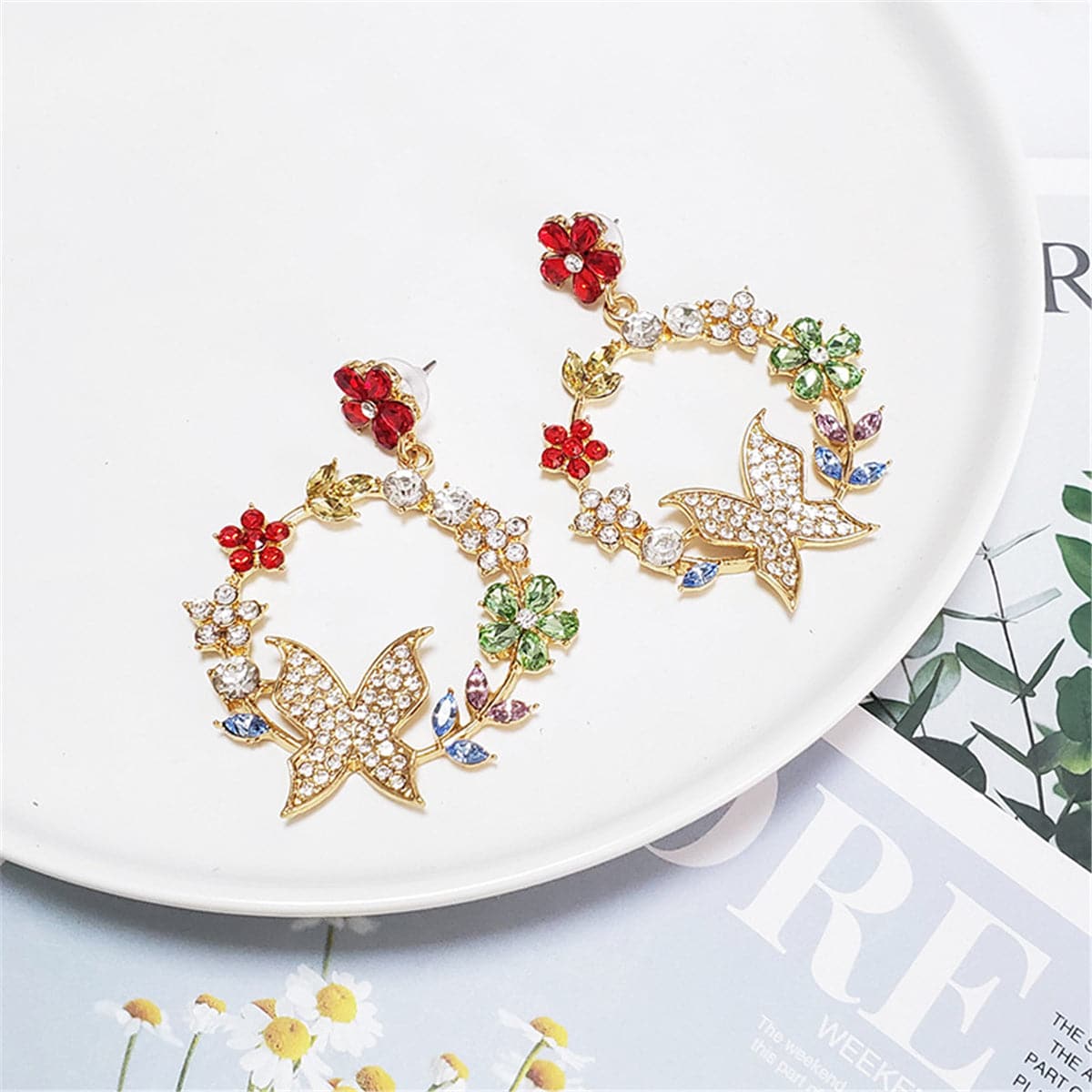 Red Crystal & Cubic Zirconia Floral Butterfly Drop Earrings
