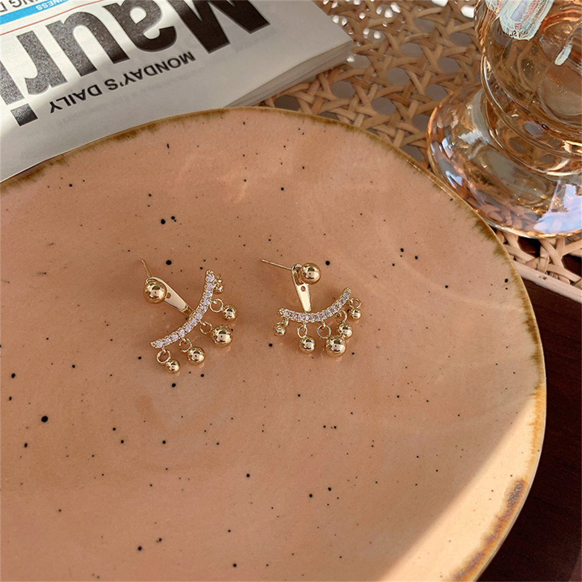 Cubic Zirconia and 18K Gold-Plated Ball Tassel Ear Jackets, gold drop earrings for women, everyday style, detail close-up