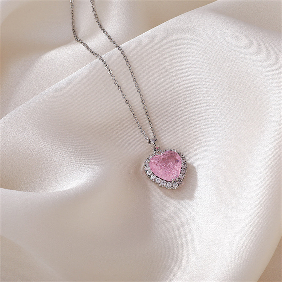 Pink Crystal & Cubic Zirconia Heart Hola Pendant Necklace