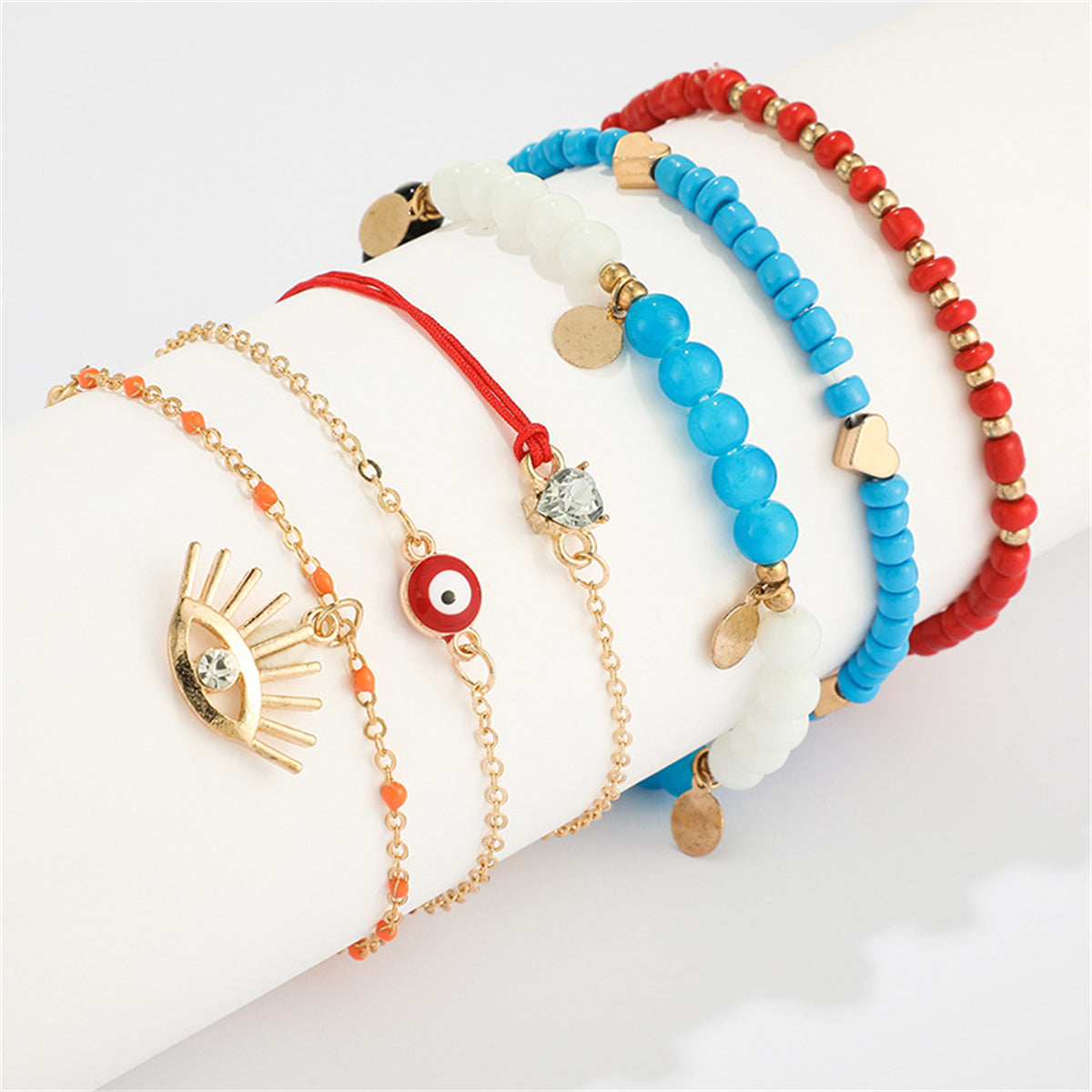 Red and Blue Beaded Evil Eye Anklet Set, jewelry gift sets for women, botanical inspired, detail close-up