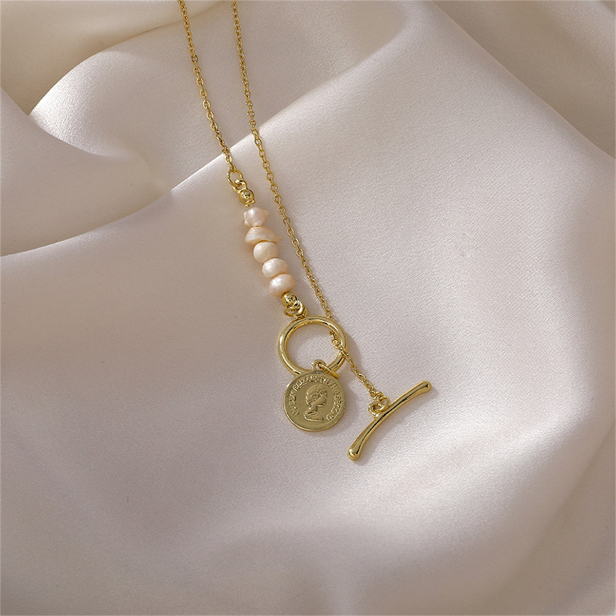 Pearl & 18K Gold-Plated Asymmetrical Coin Toggle Pendant Necklace