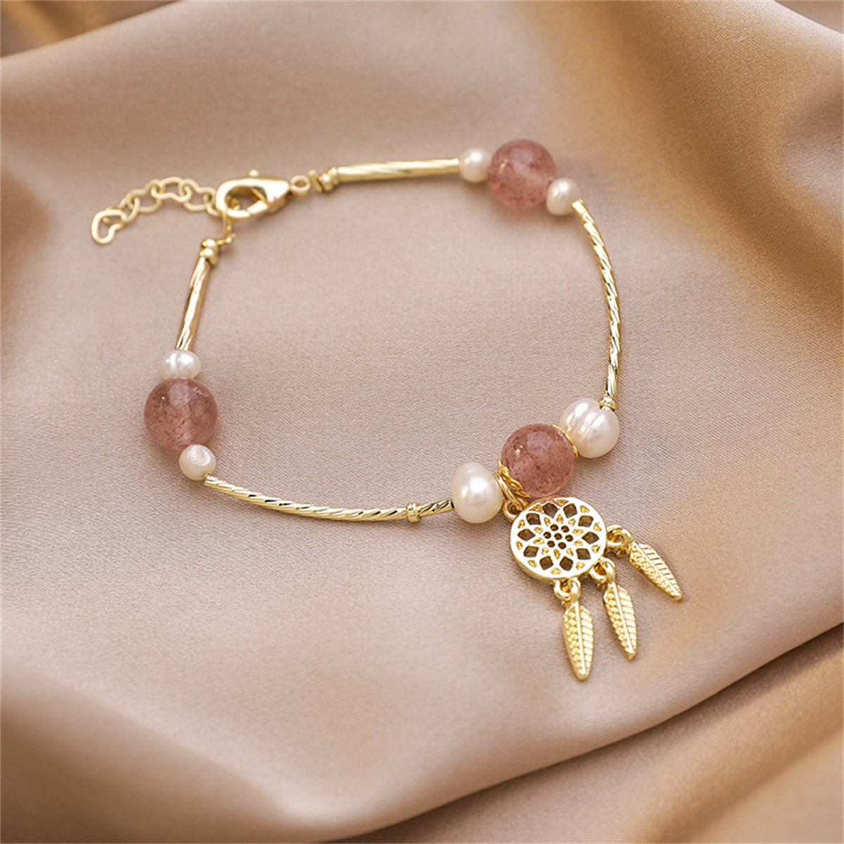 Crystal and Pearl 18K Gold-Plated Dreamcatcher Charm Bracelet, gold bracelet for women, everyday style, front view