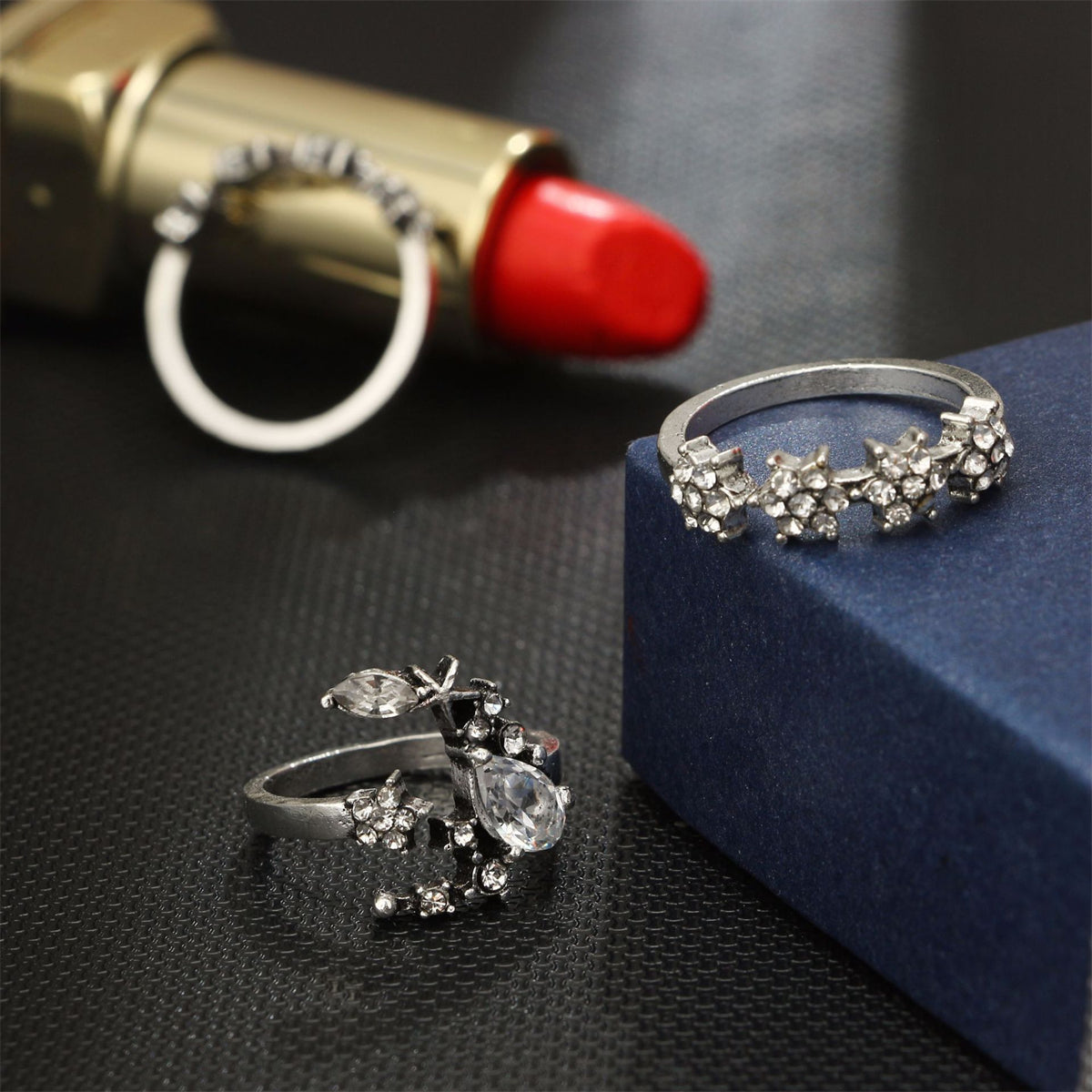 Crystal & Cubic Zirconia Silver-Plated Moon Ring Set