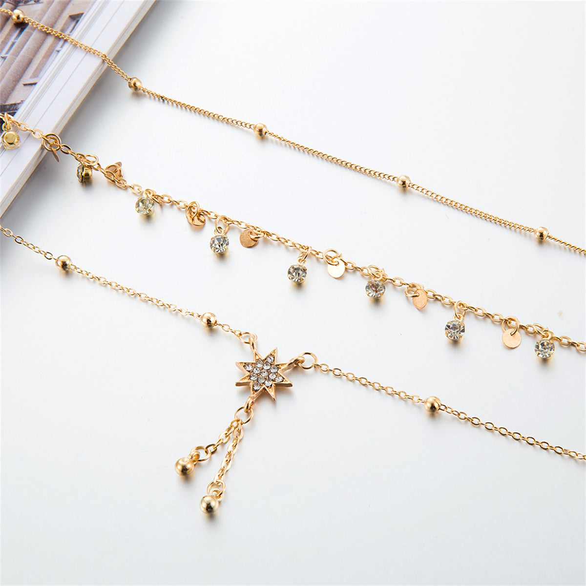Cubic Zirconia & 18K Gold-Plated Sun Tassel-Accent Anklet Set