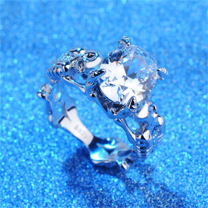 Crystal and Silver-Plated Ornate Oval-Cut Prong-Set Ring, silver statement rings for women, elegant gift for her, side view