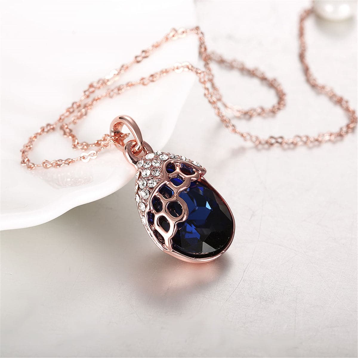 Blue Cubic Zirconia & Rose Goldtone Teardrop Pendant Necklace - streetregion