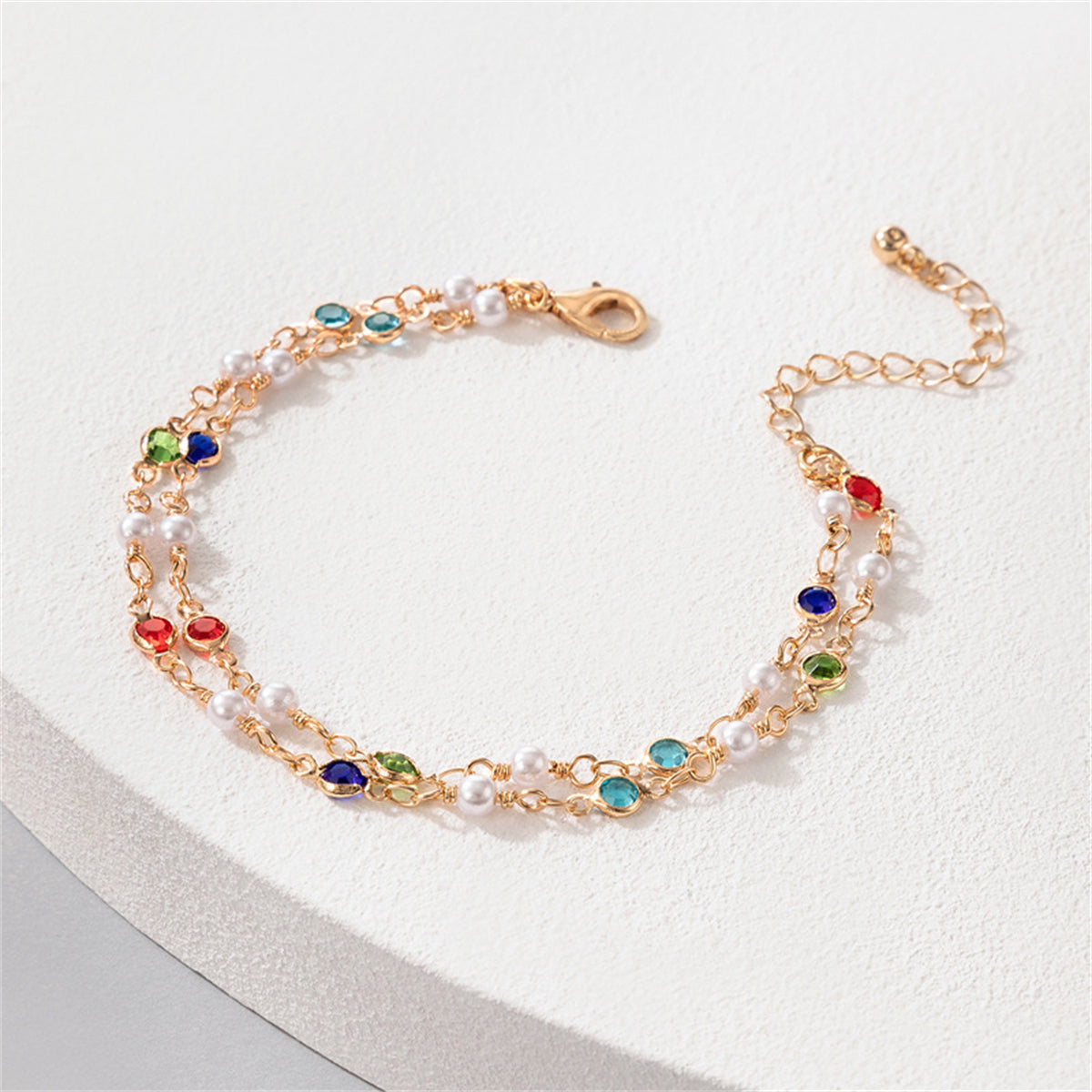 Jewel-Tone Cubic Zirconia & Pearl Layered Anklet