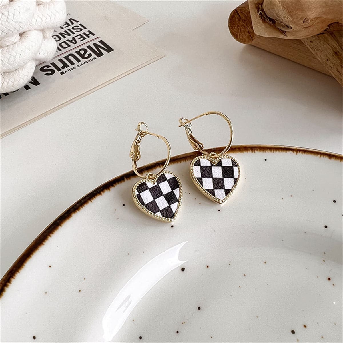 Black & White Checkerboard Heart Drop Earrings