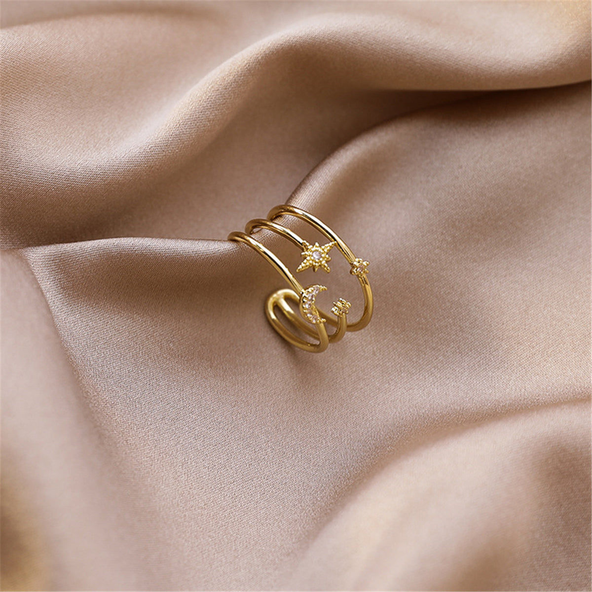 Cubic Zirconia and 18K Gold-Plated Celestial Layered Open Ring, gold statement rings for women, everyday style, styled look