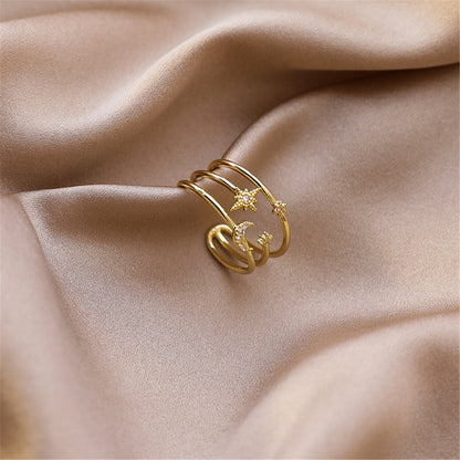 Cubic Zirconia and 18K Gold-Plated Celestial Layered Open Ring, gold statement rings for women, everyday style, styled look