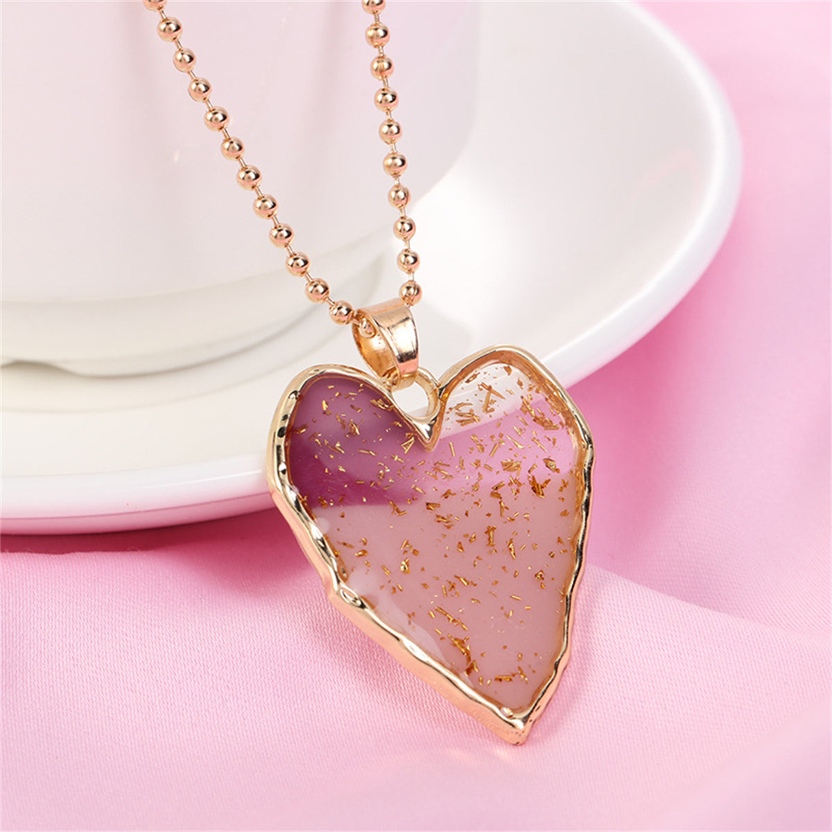 18K Gold-Plated and Light Pink Heart Pendant Necklace, gold pendant necklace for women, vintage-inspired design, front view