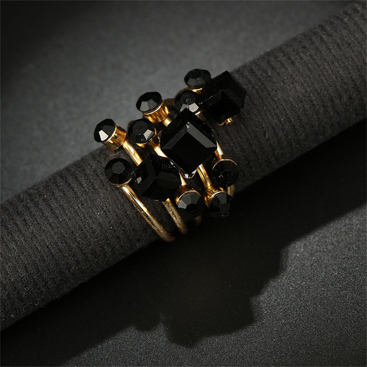 Black Crystal & 18K Gold-Plated Geometric Layered Ring