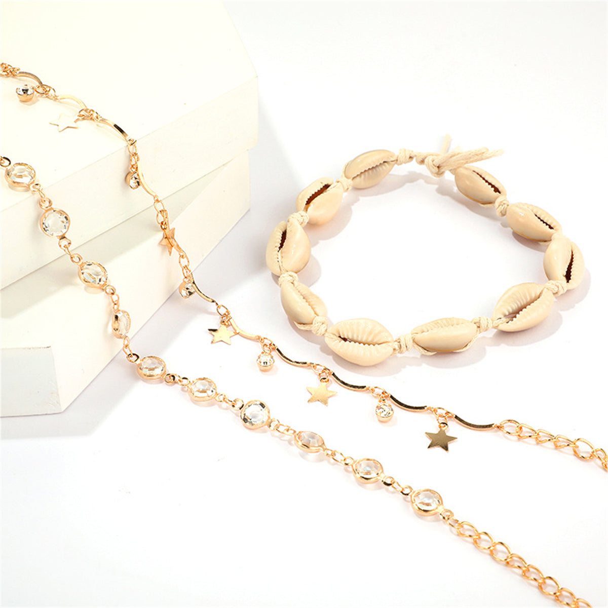 Cubic Zirconia & 18K Gold-Plated Star Station Anklet Set