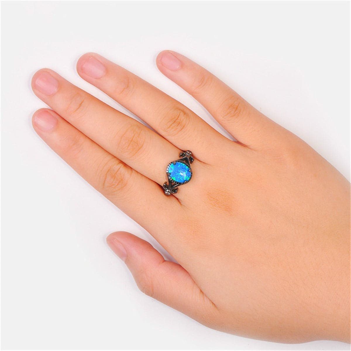 Blue Opal & Black-Plated Openwork Oval Ring - streetregion