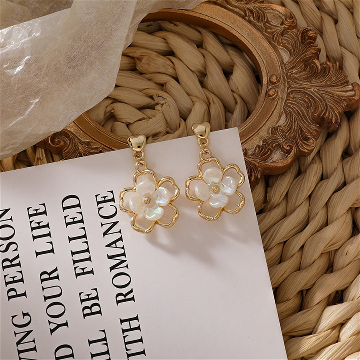 White Acrylic & 18K Gold-Plated Floral Heart Drop Earrings