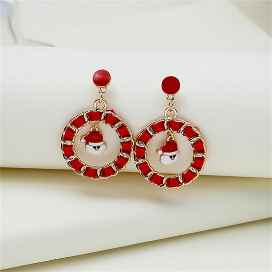 Red Ribbon and Enamel 18K Gold-Plated Santa Figaro Drop Earrings, gold drop earrings for women, front view