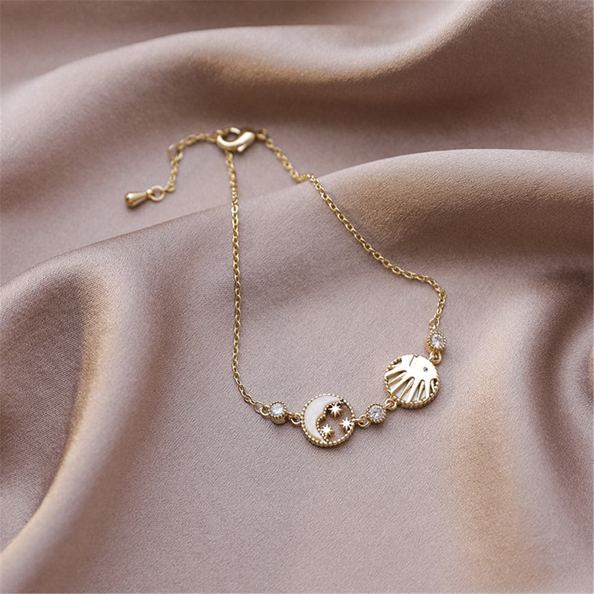 Cubic Zirconia and Shell 18K Gold Plated Round Moon Sun Charm Bracelet, gold bracelet for women, lifestyle look