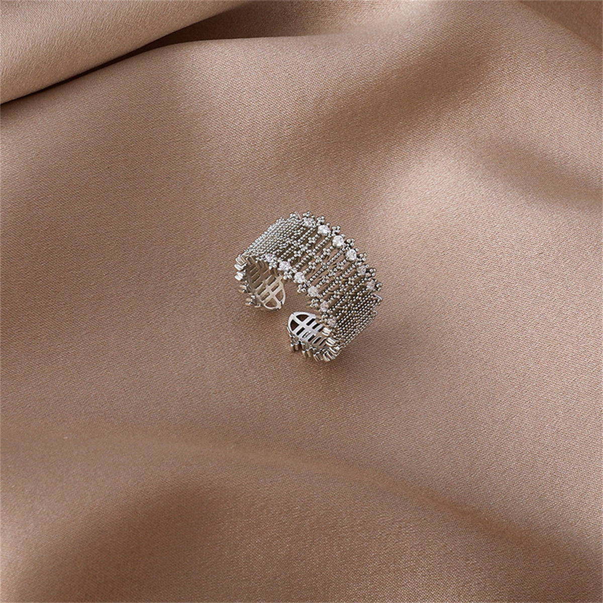 Cubic Zirconia and Silver-Plated Line Adjustable Ring, silver statement rings for women, elegant gift for her, side view