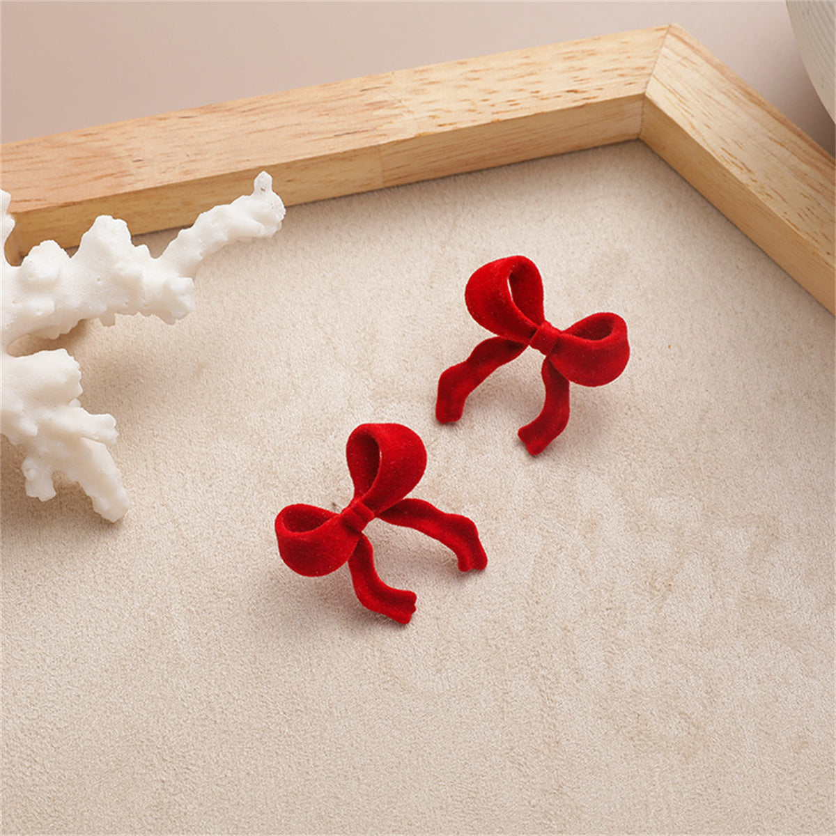Red Velvet Bow Stud Earrings, stud earrings for women, dainty minimalist design, detail close-up
