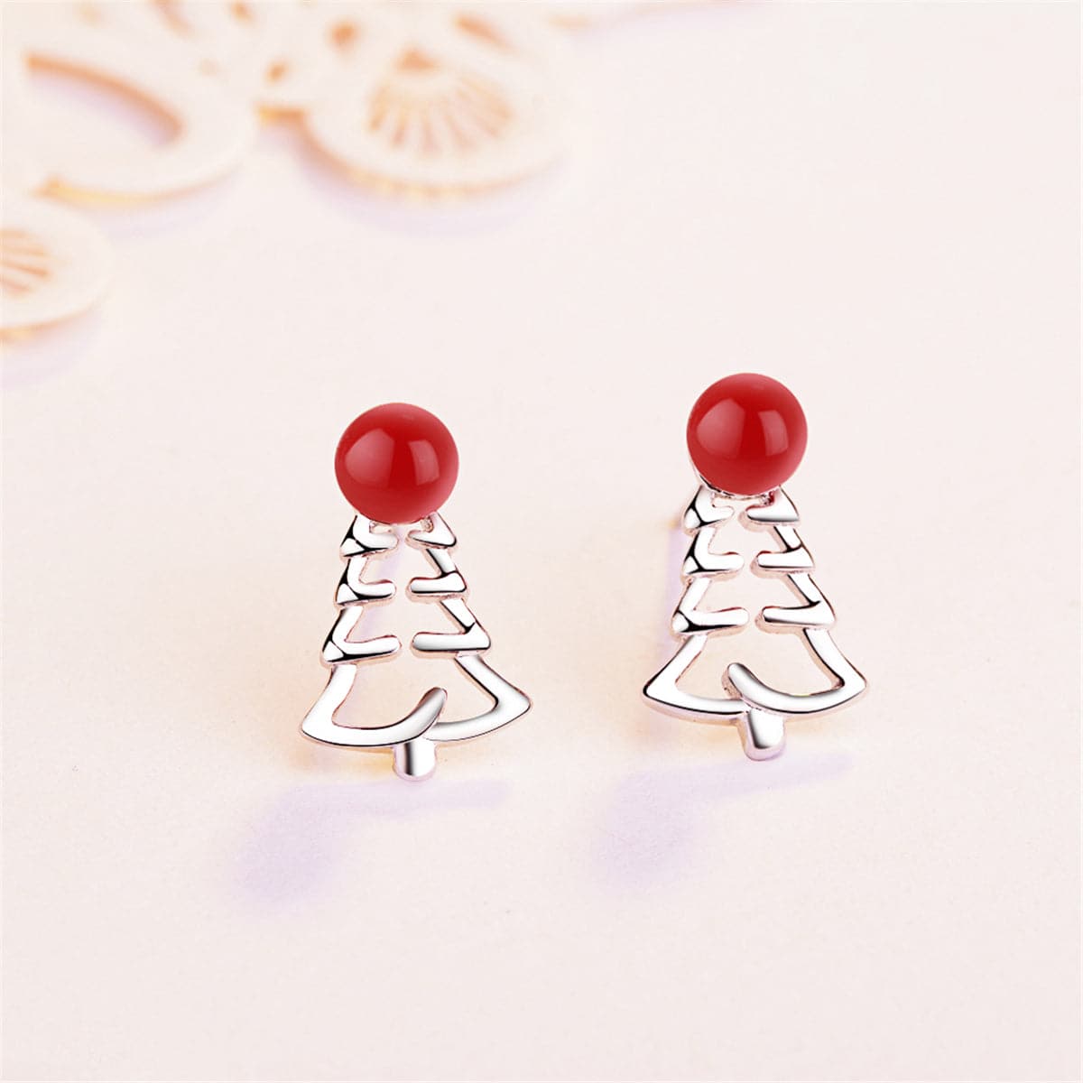 Red Pearl & Silver-Plated Tree Stud Earrings