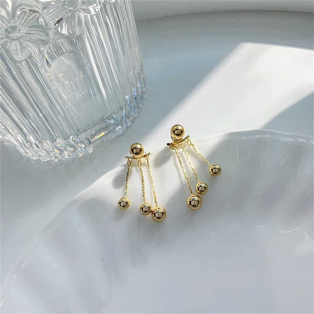 18K Gold-Plated Waterfall Ball Tassel Ear Jackets, gold drop earrings for women, botanical inspired, styled look