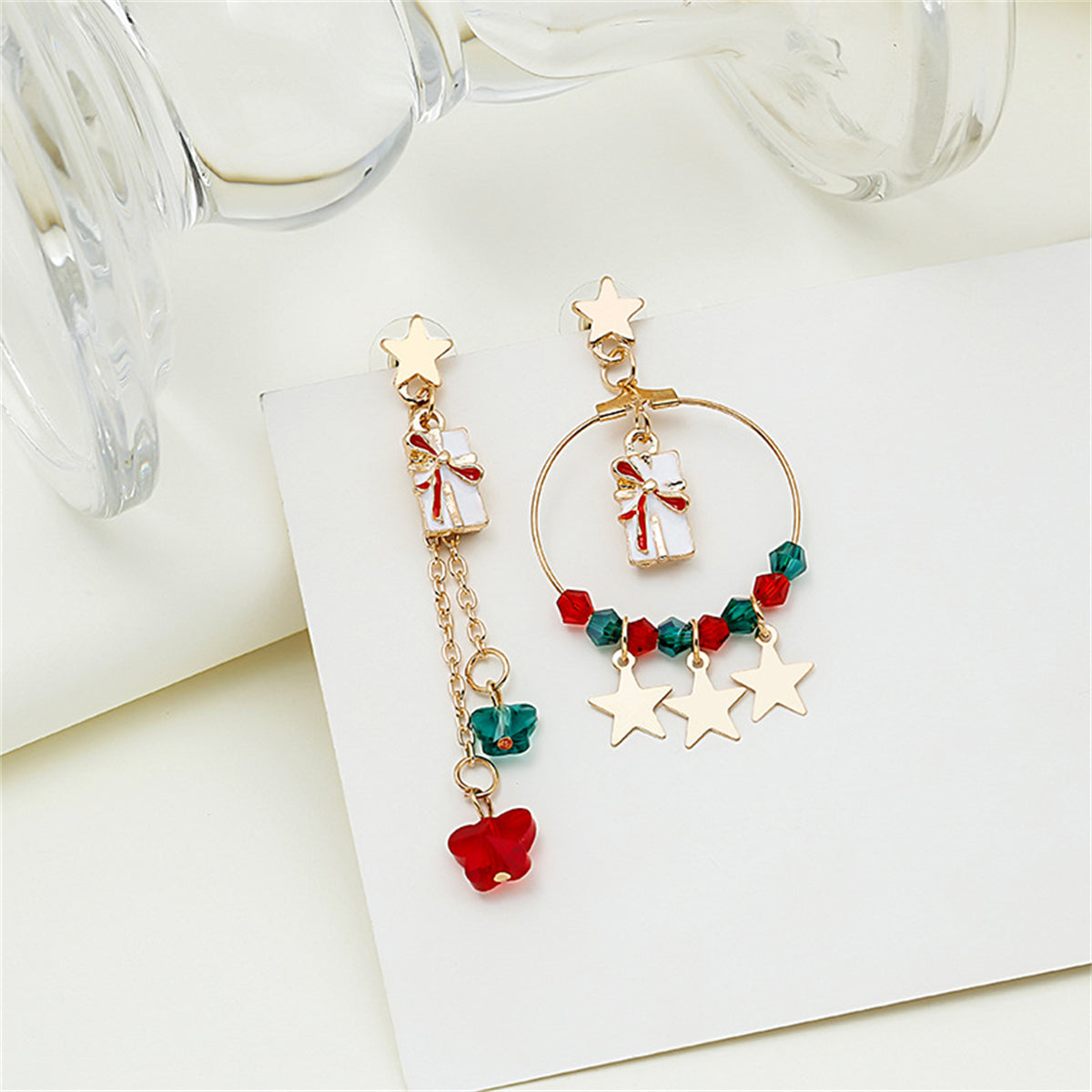 Red Acrylic & 18K Gold-Plated Star & Gift Box Mismatched Drop Earrings