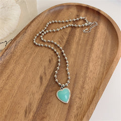Aqua Resin & Silver-Plated Ball Chain Heart Pendant Necklace