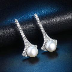 Cubic Zirconia & Pearl Silver-Plated Fan Drop Earrings