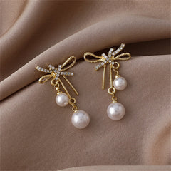 Cubic Zirconia & Pearl 18K Gold-Plated Bow Ribbon Drop Earrings
