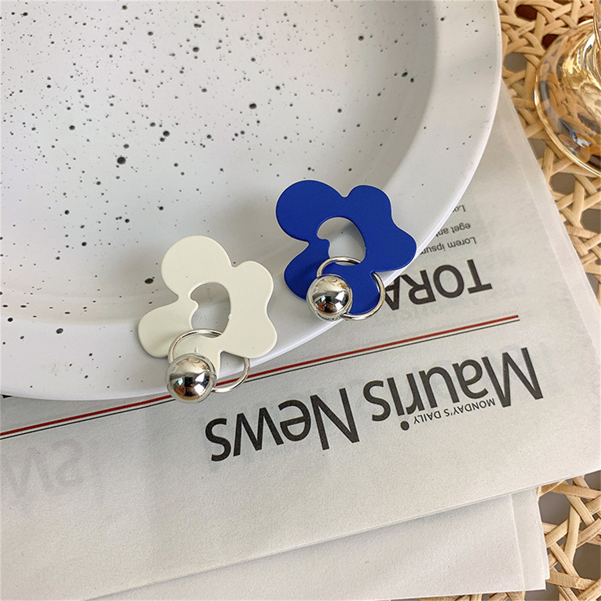 Blue & White Floral Asymmetrical Drop Earrings