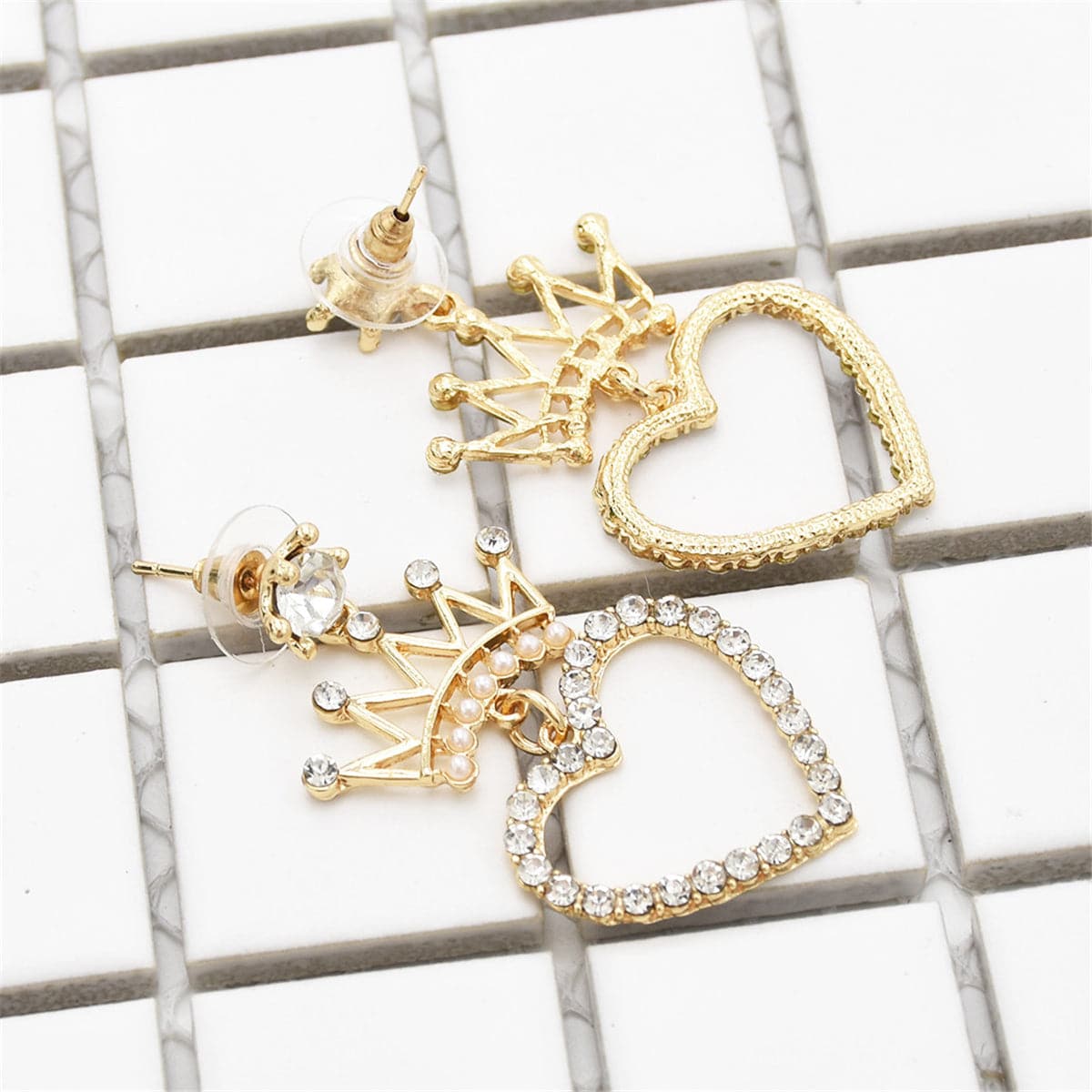 Pearl & Cubic Zirconia 18K Gold-Plated Crown Heart Drop Earrings